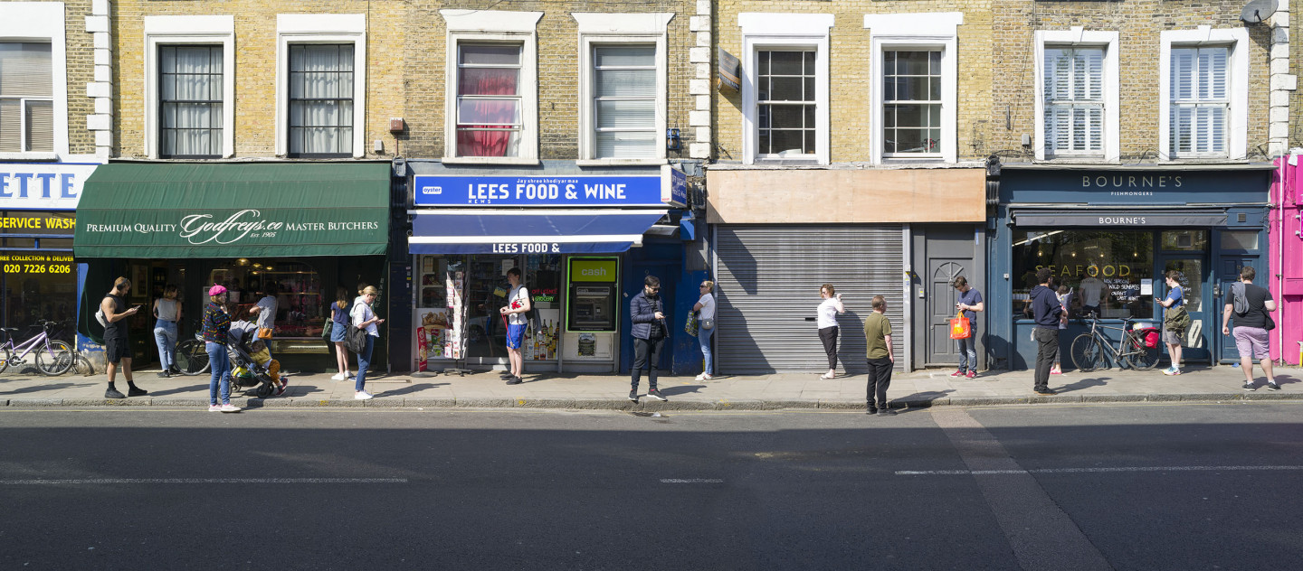 For the past few years I've been observing and documenting people in London queuing to board the bus, to get a coffee or to see an exhibition and most recently, with the current lockdown situation, for all essential needs.  © Agnese Sanvito