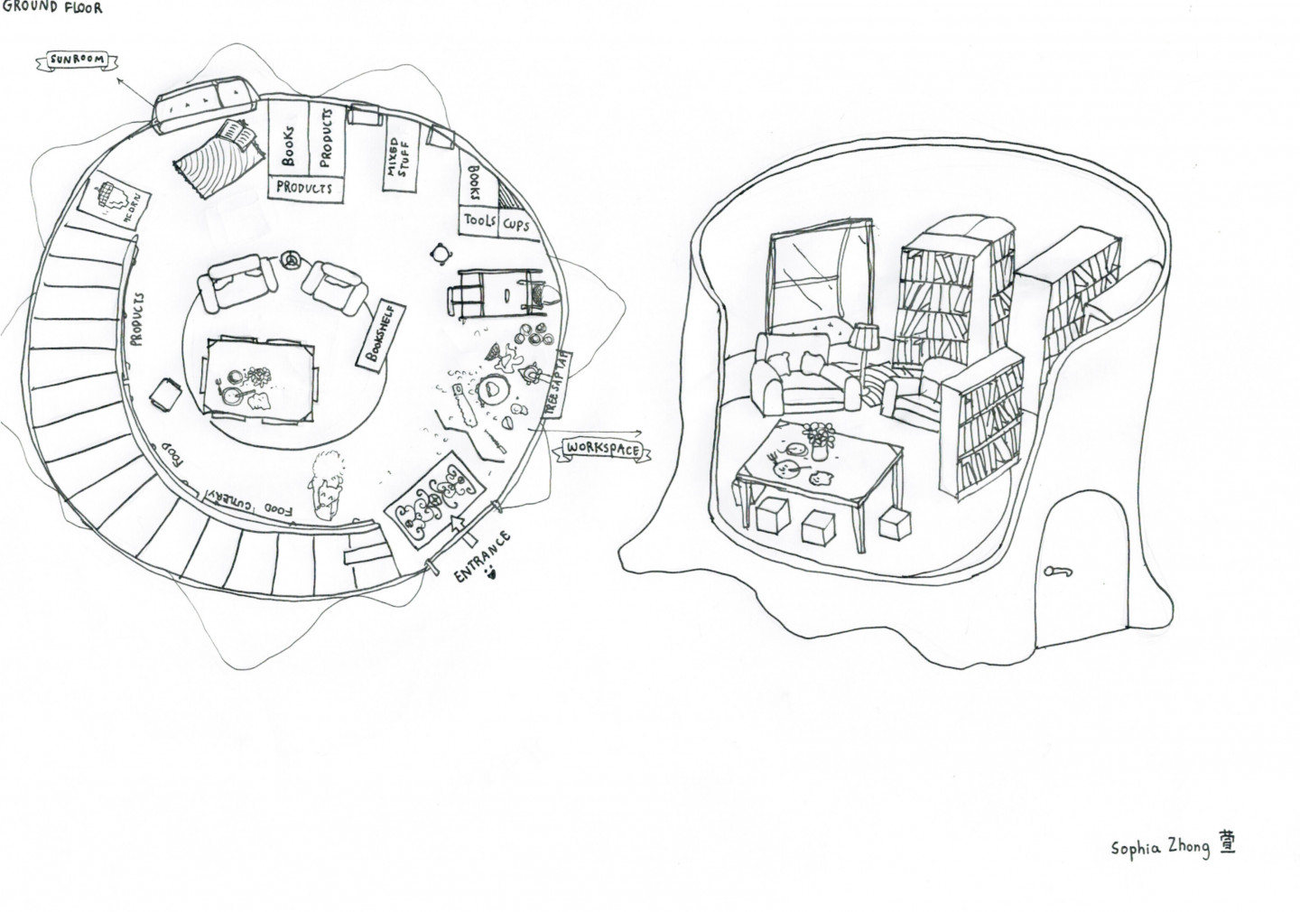 WINNER - SOPHIA, AGE 11. 
A house and garden for Squirrel Nutkin. My fictional character is called Squirrel Nutkin and I chose him because I think he’s funny and I like squirrels.
My house has three floors: the 1st floor is for work and storage purposes, the second floor is the bedroom, with snacks, wardrobe, and lots of books. The third floor is like the entertainment floor, where here is a jacuzzi, table tennis table, darts and a little garden. I think Squirrel Nutkin would like to live here because the house has everything a squirrel could possibly need, like a place to relax and looooooooooooots of acorns! I made the house environmentally friendly by using wood and natural resources, not using any plastic and putting lots of plants on every floor.