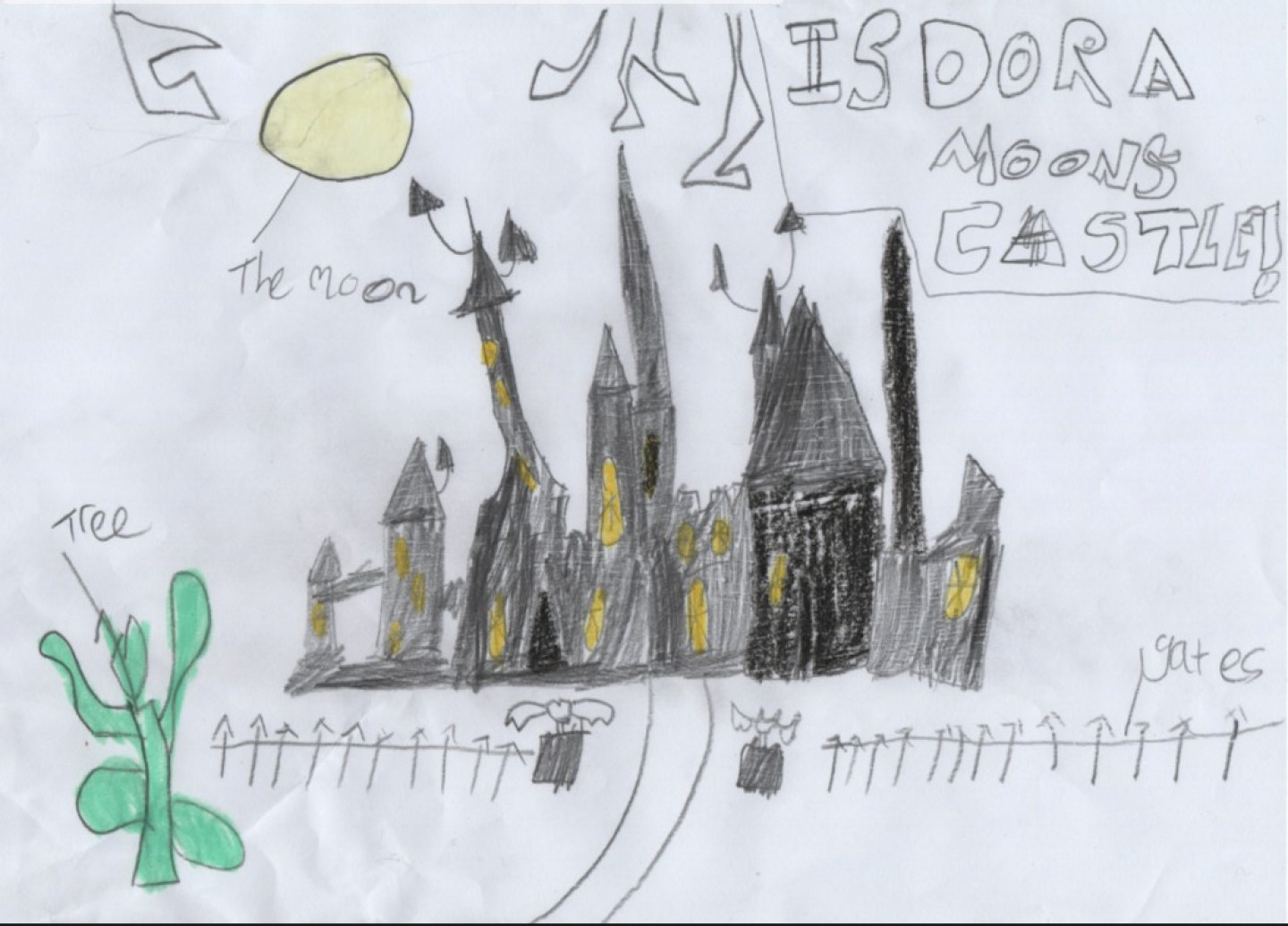 STELLA, AGE 8. A house for Isadora Moon. I chose her because she is a fun character and she is half fairy. I also chose her because she represents diversity. I have designed a castle for her because she likes dark where she can create spells. There are rooms where she can do secret magic. The castle is made with stone floors from nearby mountains. Her mum used magic to move the stone in to place. The gates are metal from a nearby metal facility. The stone is cool in summer but hot in winter. This saves on heating costs and energy. Isadora loves living in her castle and I would love to live there too.